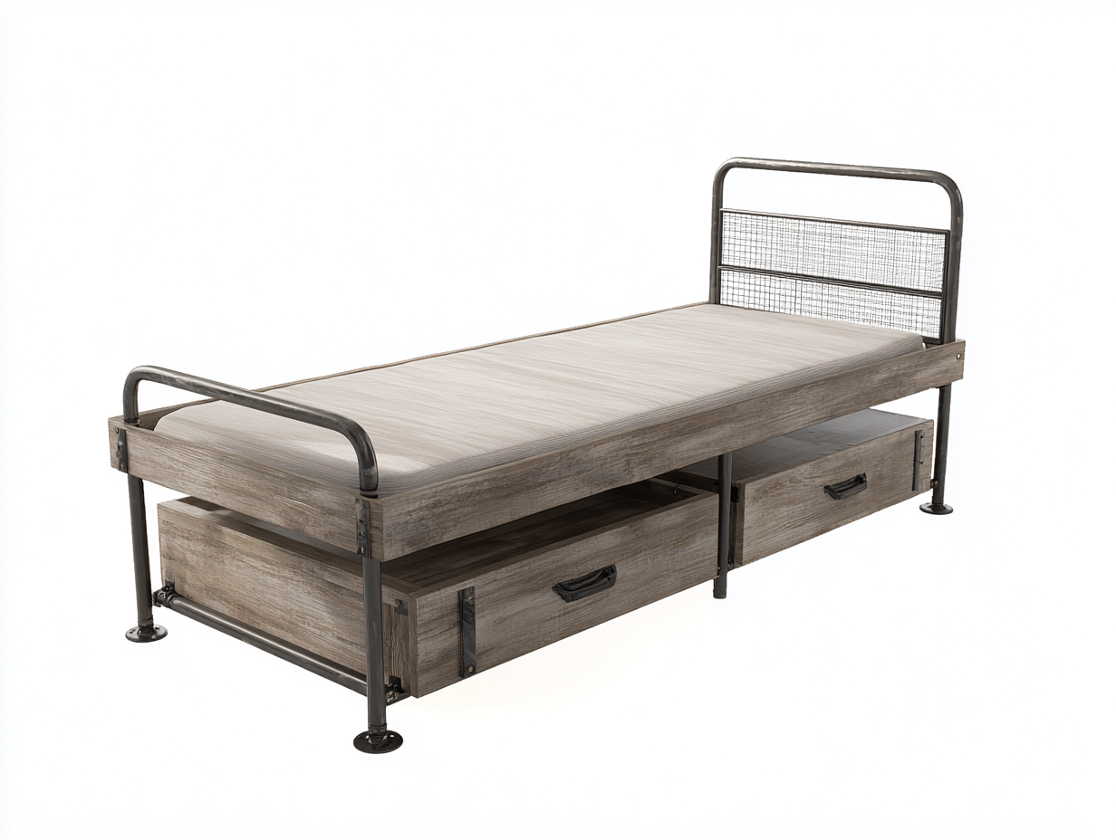 Lit simple-bois-métal-200x90x85 cm-bois gris-noir-style industriel-Oakmyhaus