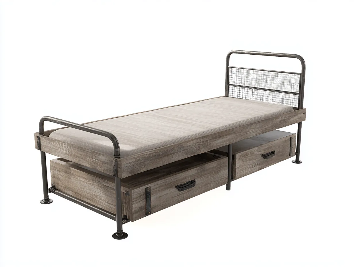 Lit simple-bois-métal-200x90x85 cm-bois gris-noir-style industriel-Oakmyhaus