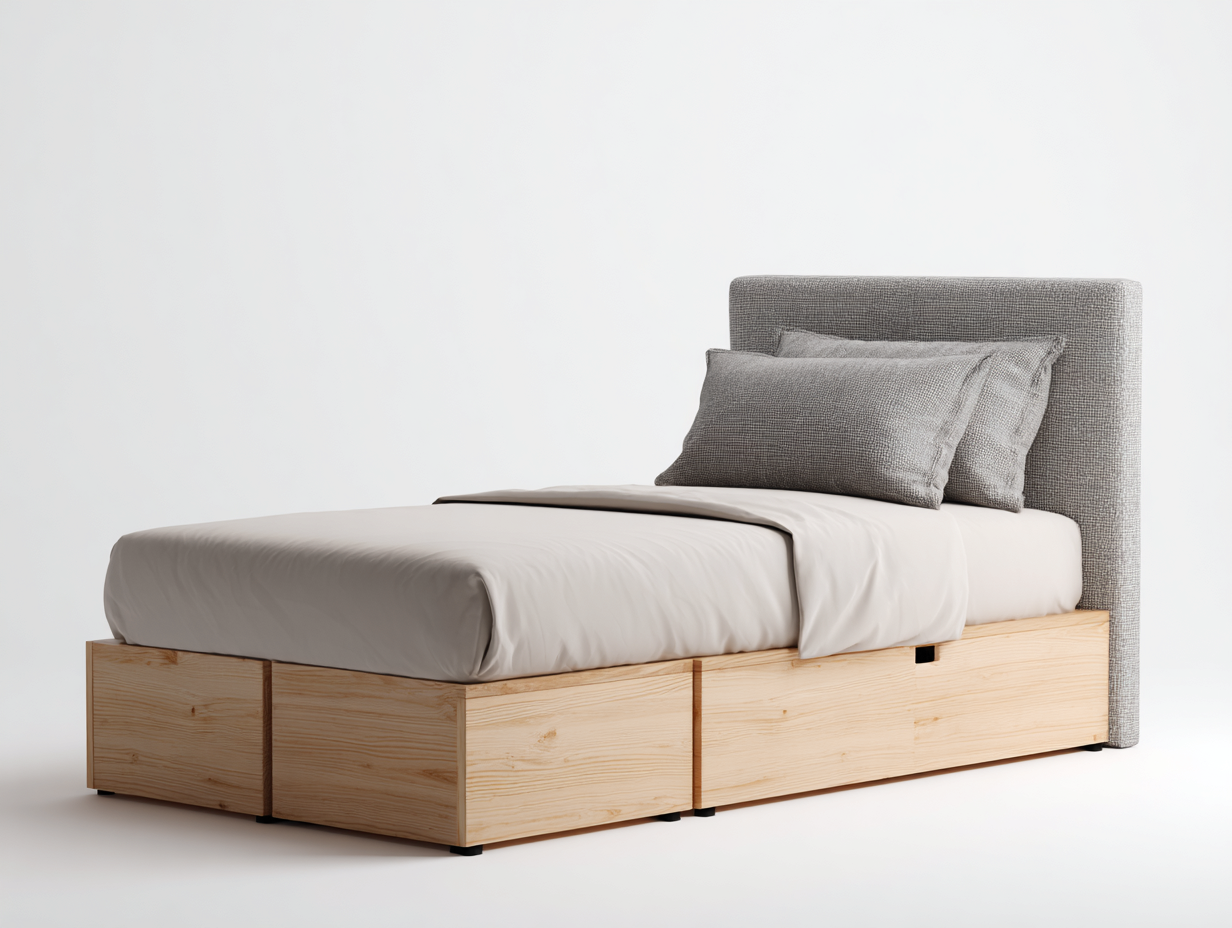 Lit simple-bois-textile-200x90x92 cm-bois naturel-gris-style contemporain-Oakmyhaus