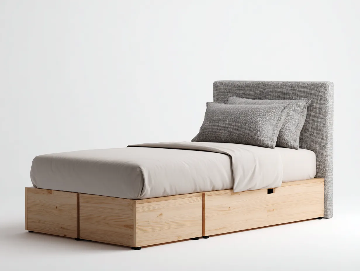 Lit simple-bois-textile-200x90x92 cm-bois naturel-gris-style contemporain-Oakmyhaus