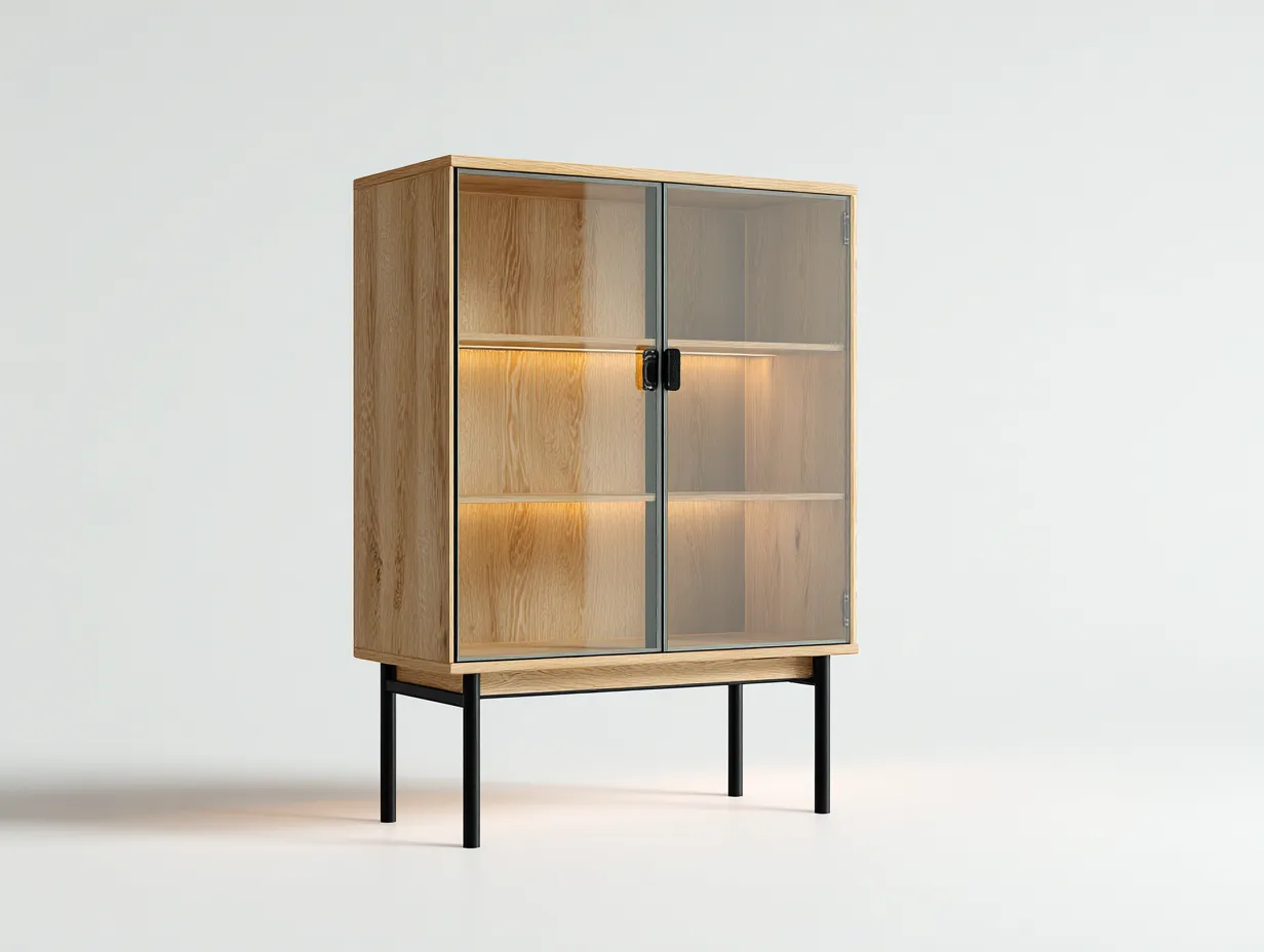 Vetrina - legno-vetro-metallo - 88x40x165 cm - naturale-nero - design moderno-Cozygopad