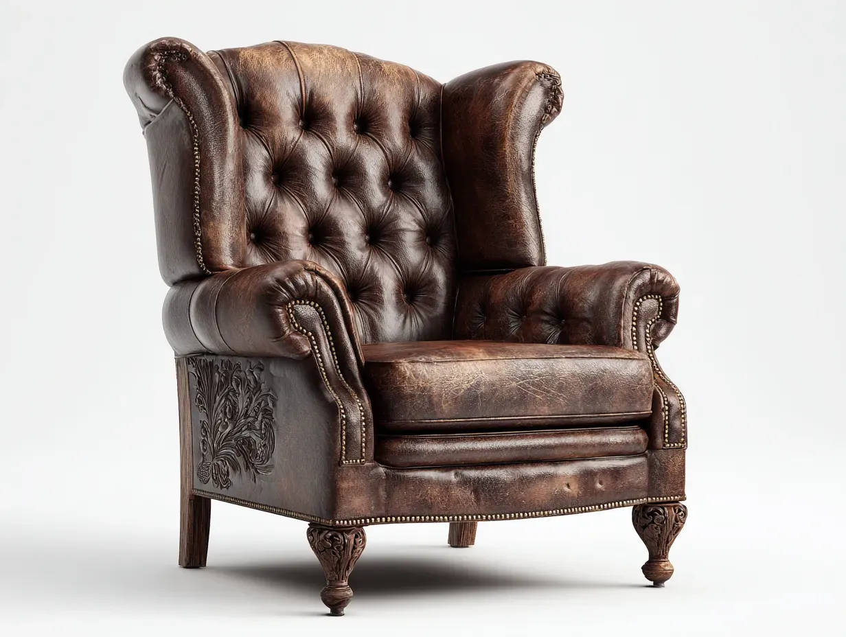 Poltrona a orecchion - pelle-legno - 92x88x104 cm - marrone - stile classico-Pinemyshop