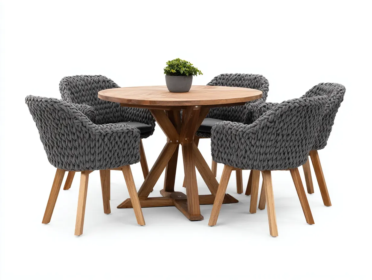 Set da pranzo da esterno-legno-corda-120x120x75 cm-grigio-marrone-design moderno-Pinemyshop