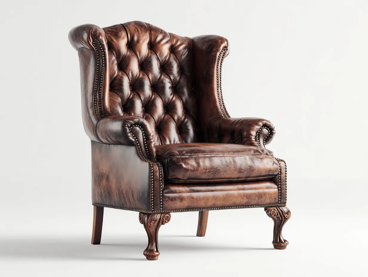 Poltrona a orecchion - pelle-legno - 96x92x108 cm - marrone - stile classico-Pinemyshop