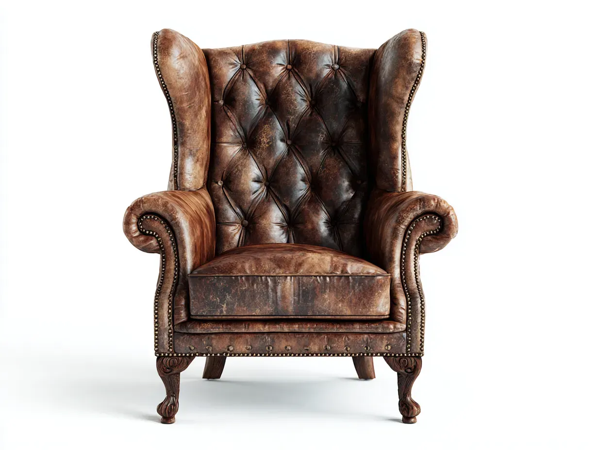 Poltrona a orecchion - pelle-legno - 97x93x109 cm - marrone - stile classico-Pinemyshop