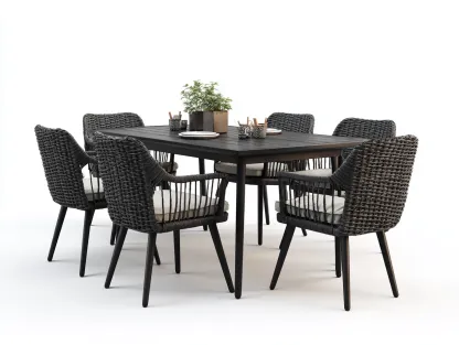 Set da pranzo da esterno-legno-metallo-corda-220x100x75 cm-nero-grigio-design moderno-Pinemyshop