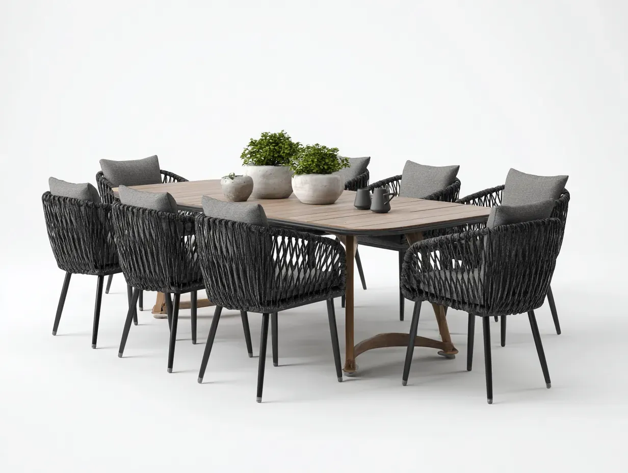 Set da pranzo da esterno-legno-metallo-corda-220x100x75 cm-nero-grigio-marrone-design moderno-Pinemyshop