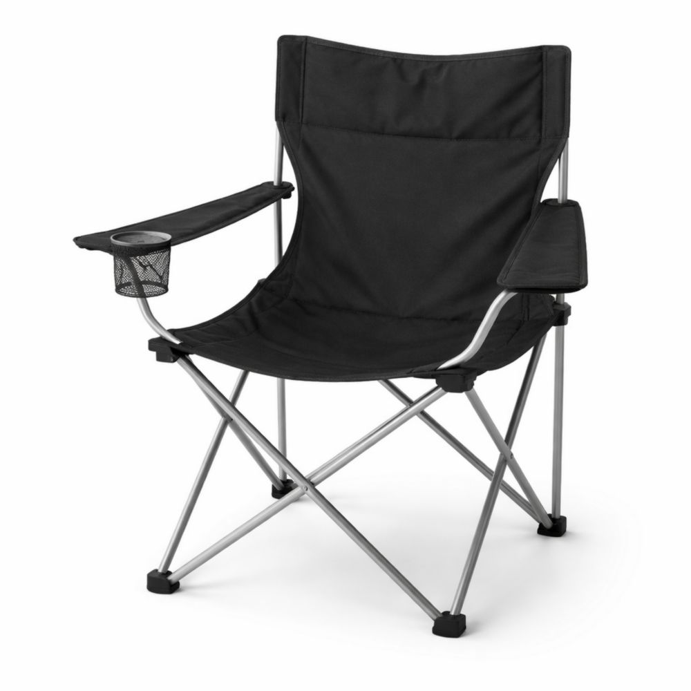 Sedia da Campeggio Pieghevole in Acciaio e Poliestere con Portabicchiere Nero-Roomarion