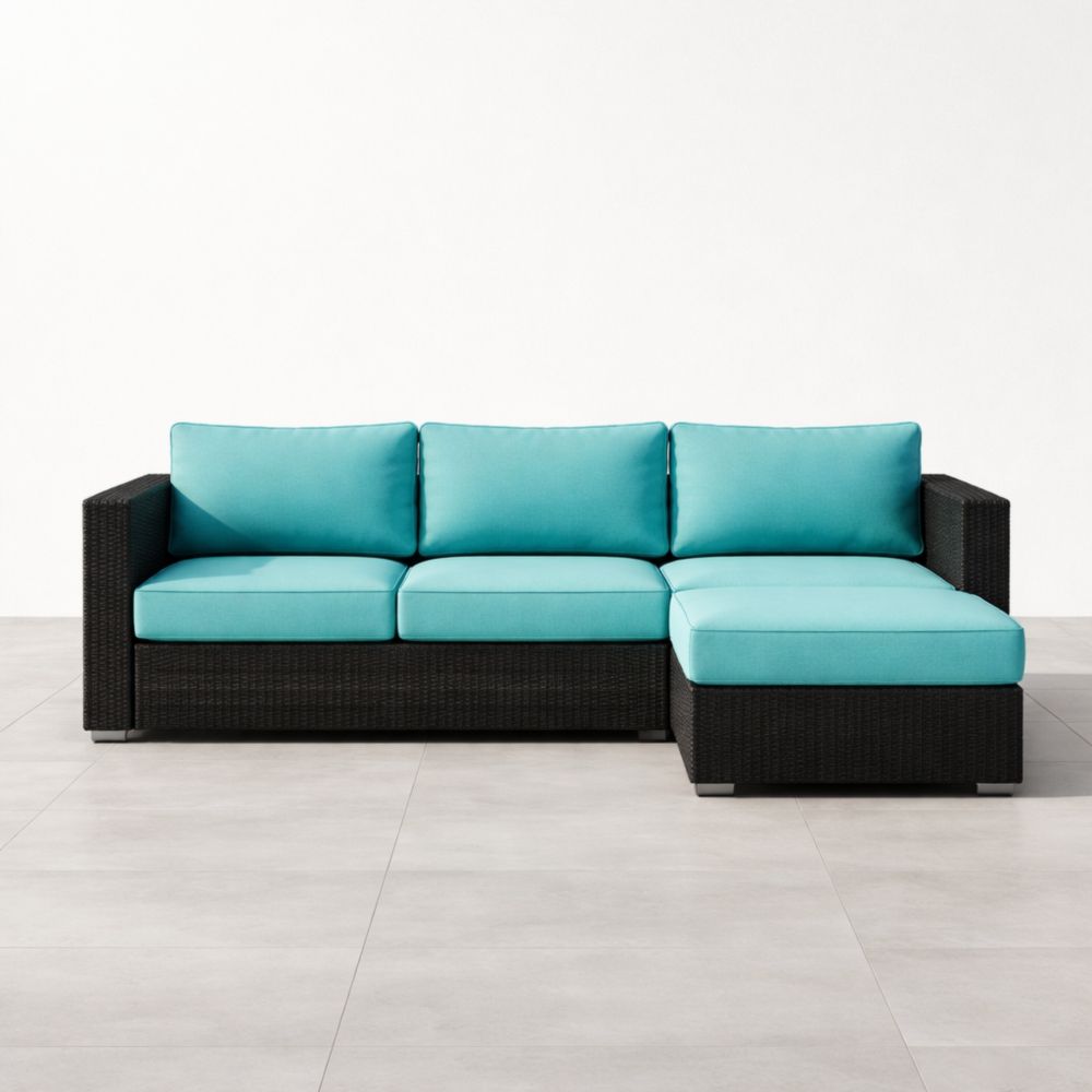 Divano angolare modulare in rattan nero con cuscini turchesi-Roomarion