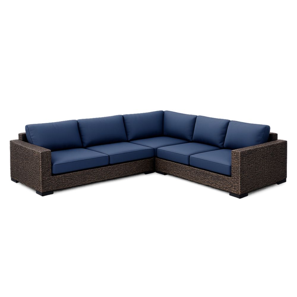 Divano angolare da esterno in rattan marrone con cuscini blu in poliestere-Roomarion