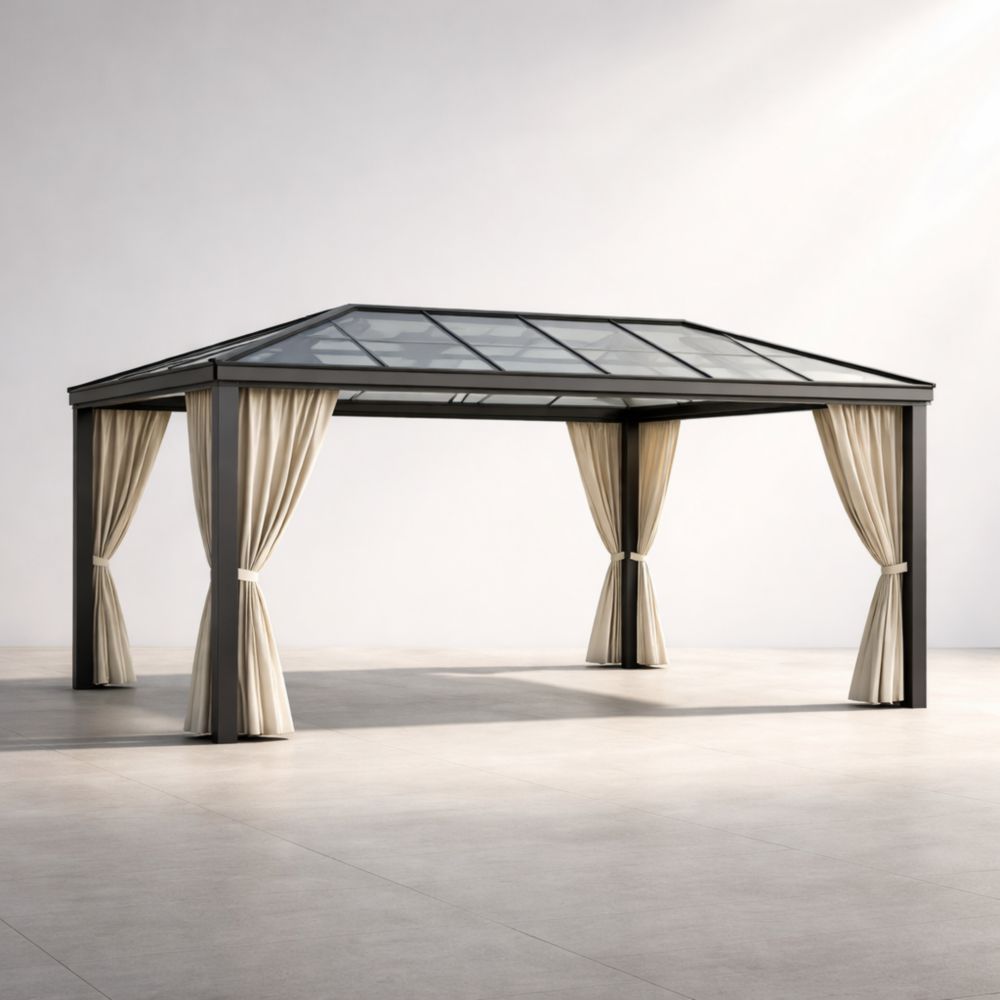 Gazebo in Alluminio con Tetto in Vetro Temperato e Tende Beige 300x400 cm-Roomarion