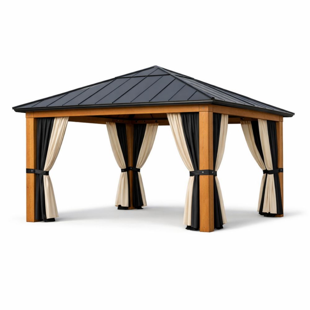 Gazebo in Legno con Tetto in Acciaio e Tende in Poliestere Nero e Beige 300x400x270 cm
