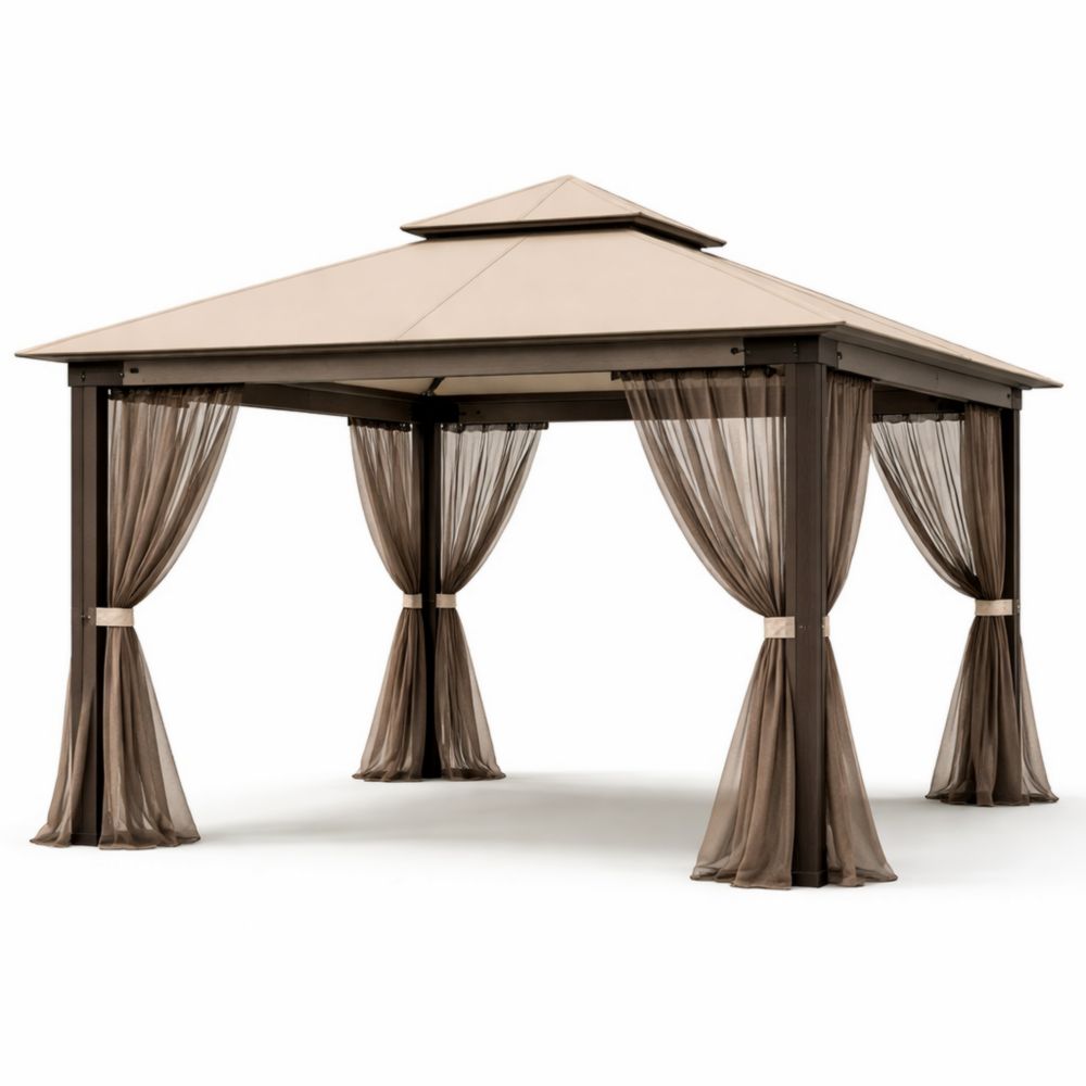 Gazebo da Giardino in Alluminio e Poliestere con Tende 3x4m Marrone/Beige-Roomarion