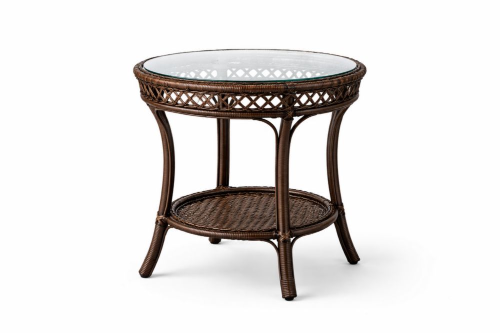 Table de café extérieur ronde en rotin et verre trempé marron