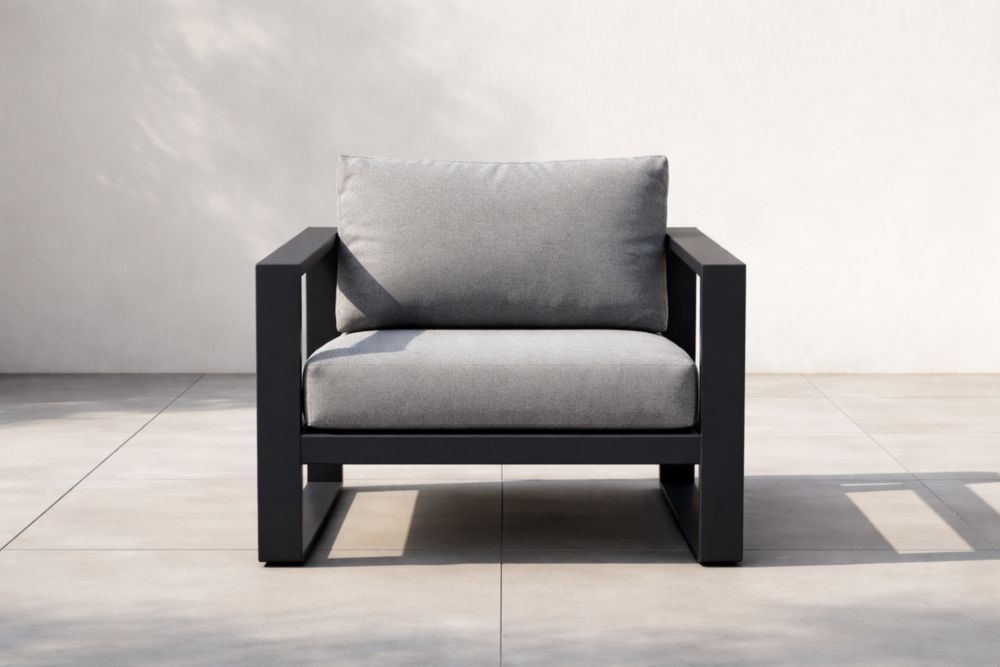 Fauteuil extérieur aluminium gris coussins en tissu polyester