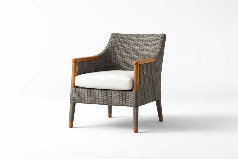 Fauteuil d'Extérieur en Rotin Gris avec Accoudoirs en Bois et Coussin Blanc