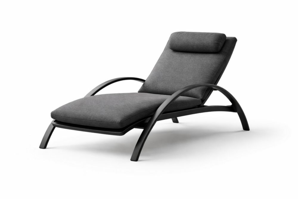 Chaise longue extérieure en aluminium noir avec coussin en tissu polyester gris