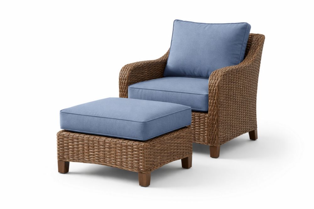 Fauteuil et Repose-pieds en Résine Tressée avec Coussins Bleus