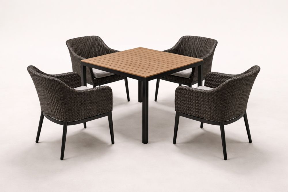 Ensemble de table à manger extérieur avec 4 chaises en résine tressée marron