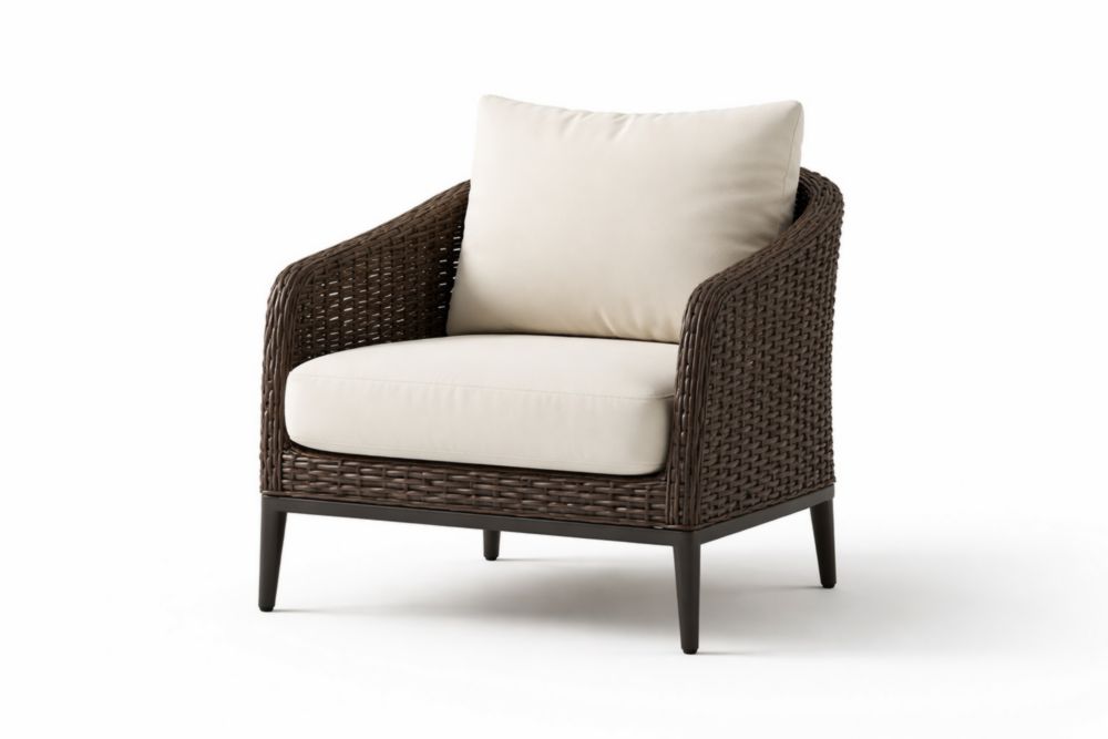 Fauteuil extérieur en résine tressée brun avec coussins en tissu polyester beige