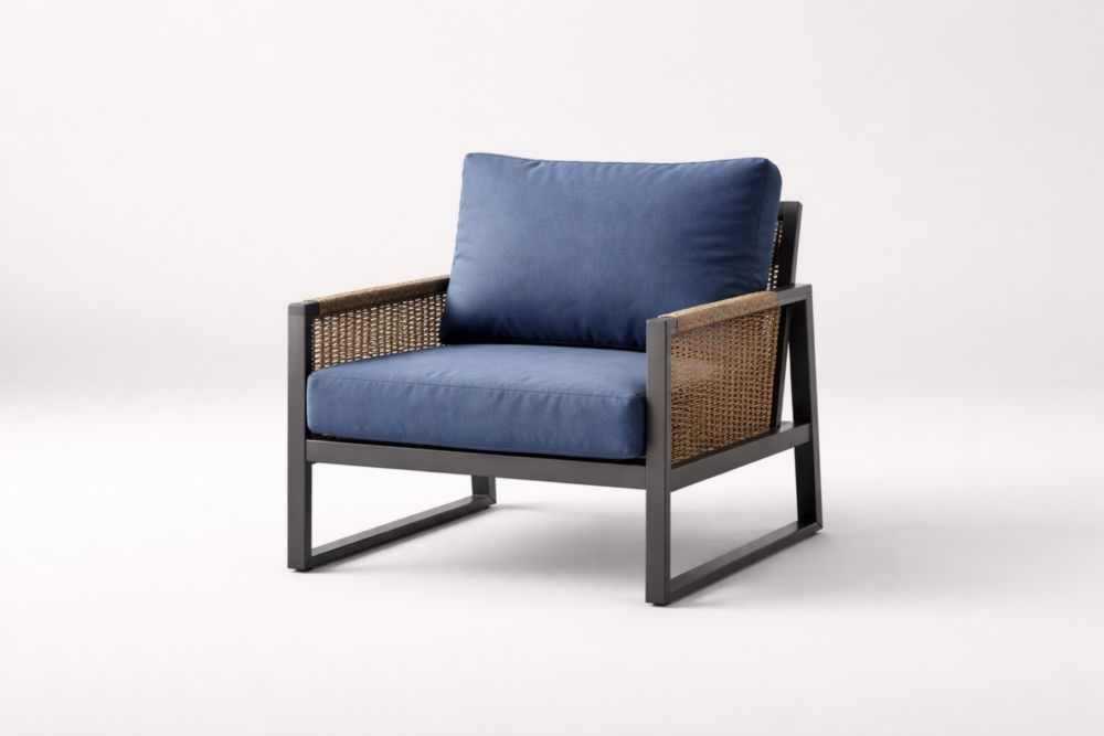 Fauteuil de jardin en acier et rotin avec coussins en tissu bleu
