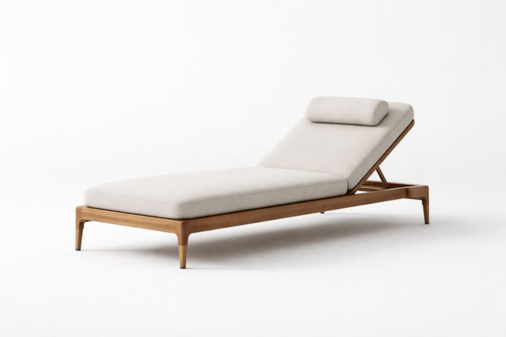 Chaise Longue en Bois Massif et Tissu Beige