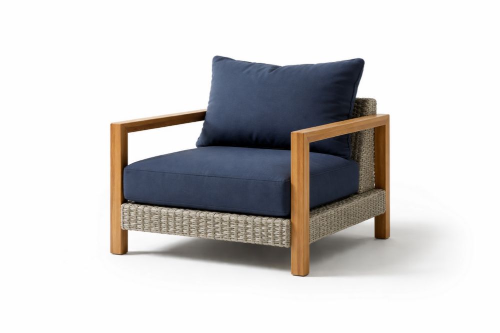 Fauteuil d'extérieur en teck et résine avec coussin en polyester bleu