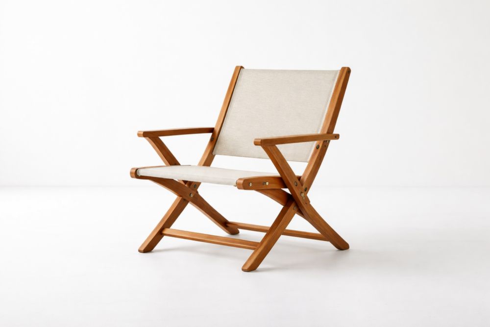 Chaise pliante en bois d'acacia et tissu polyester beige