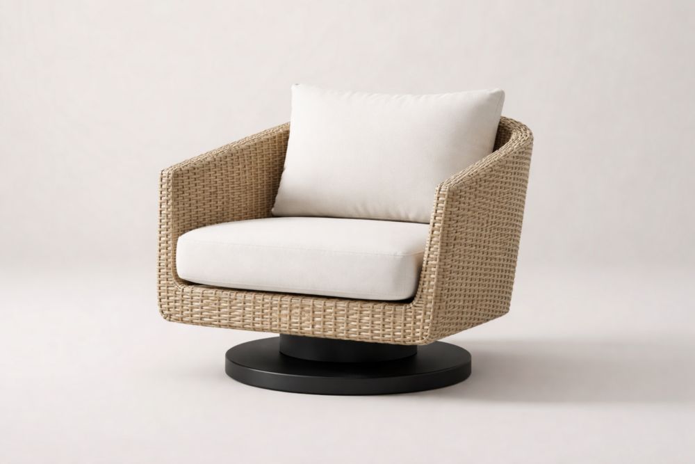 Fauteuil de jardin pivotant en rotin synthétique beige avec coussin en tissu blanc