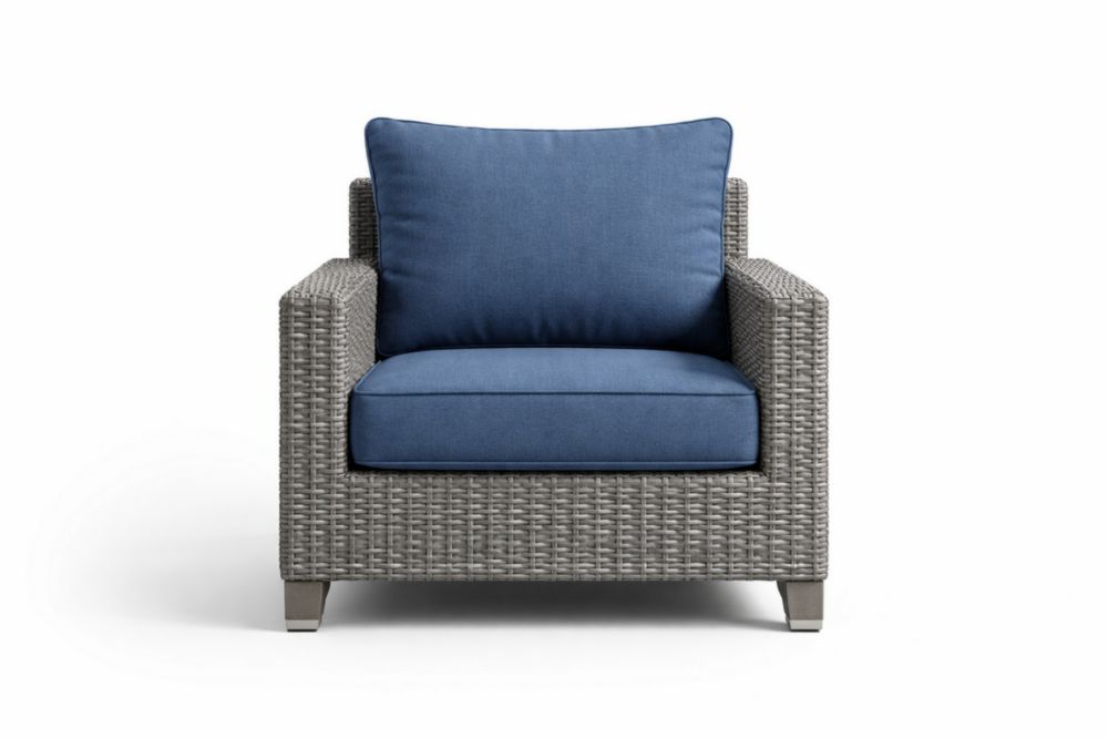 Fauteuil de jardin en résine tressée avec coussins en polyester bleu
