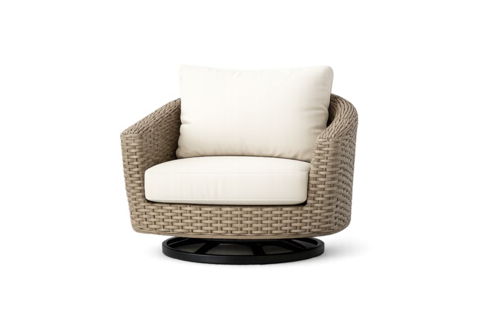 Fauteuil de jardin pivotant en rotin synthétique avec coussins crème