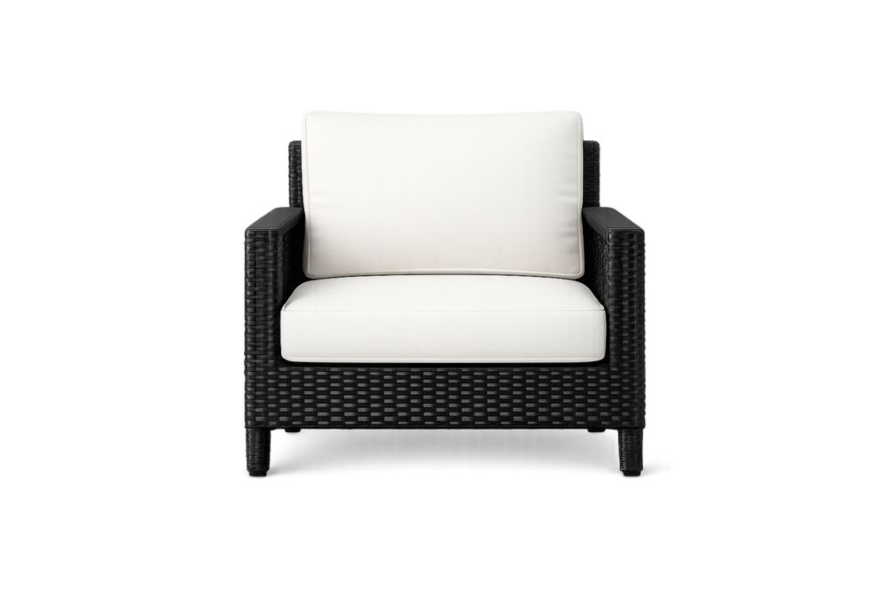 Fauteuil de jardin en résine tressée noire avec coussins blancs