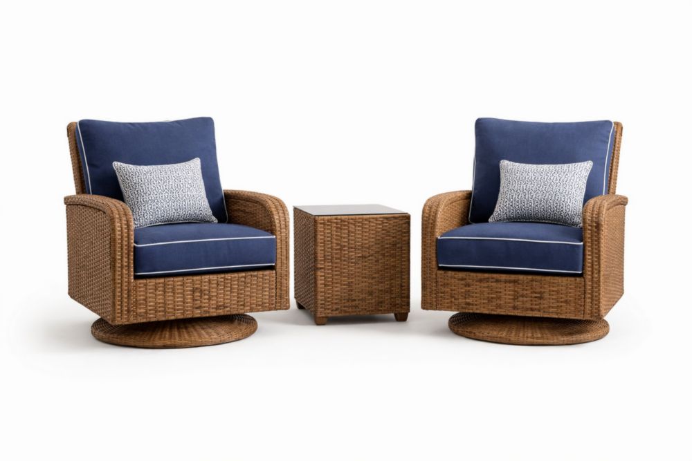 Set de Chaises Lounge en Rotin Brun avec Coussins Bleus et Table en Verre Trempé