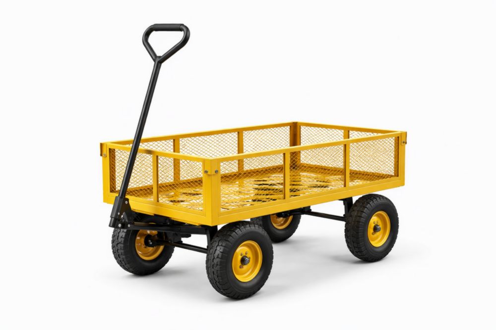 Chariot de jardin en acier jaune avec roues pneumatiques
