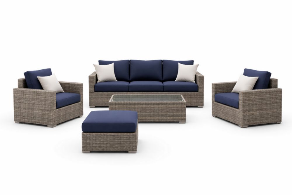 Ensemble de Salon de Jardin en Résine Grise et Coussins Bleus