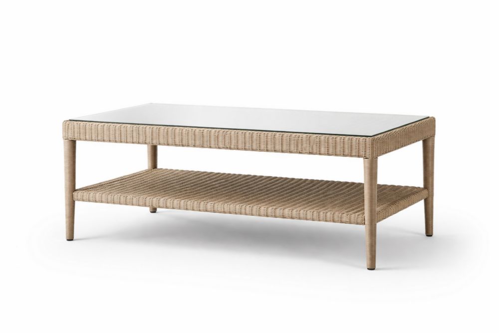 Table basse rectangulaire en résine tressée avec verre