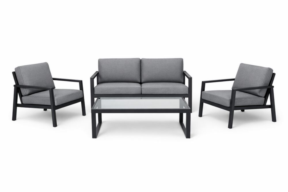 Ensemble de Salon de Jardin en Aluminium avec Coussins Gris et Table en Verre Trempé