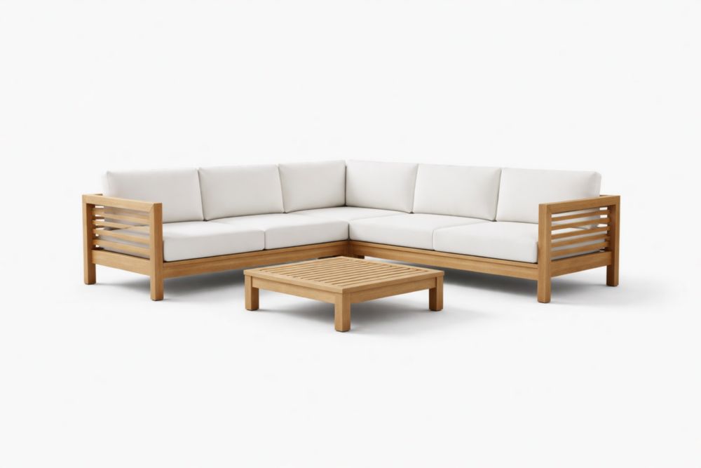 Ensemble de Canapé d'Angle en Bois de Teck avec Table Basse et Coussins Beiges pour Jardin