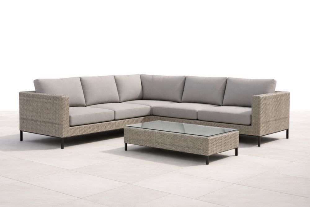 Ensemble de Canapé d'Angle en Résine Tressée avec Table Basse en Verre Trempé Gris pour Jardin