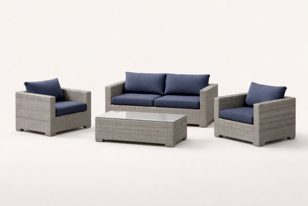 Ensemble de salon de jardin en résine tressée avec coussins en polyester bleu