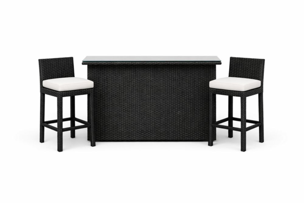 Ensemble de Bar d'Extérieur en Résine Tressée Noire avec Table en Verre et Deux Tabourets