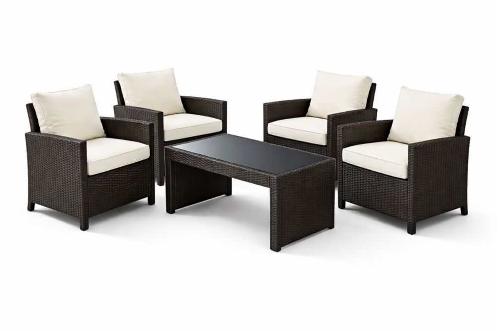 Ensemble de jardin en rotin synthétique noir avec 4 fauteuils et table verre, coussins beige