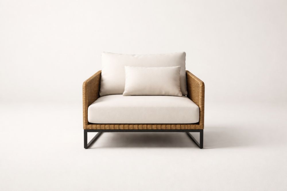 Fauteuil de jardin rotin et acier avec coussins beige