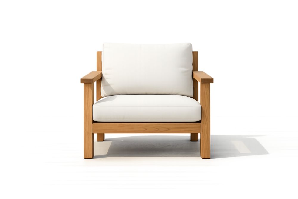 Fauteuil extérieur en bois de chêne avec coussins en polyester blanc