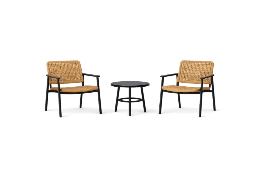 Ensemble de Deux Fauteuils Lounge en Rotin Synthétique pour Jardin avec Table en Acier Noir