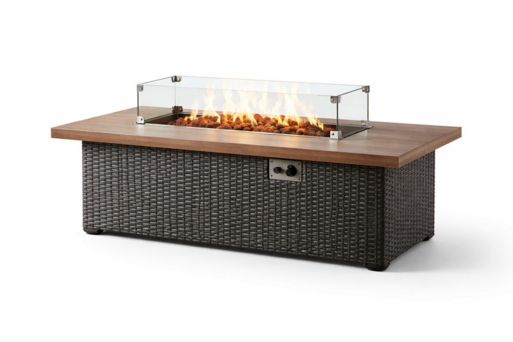 Table de feu rectangulaire en rotin avec plateau en bois et panneau en verre