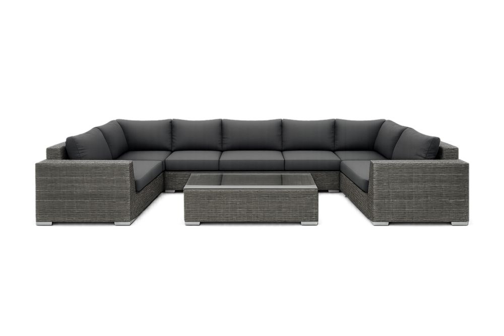 Ensemble de canapés modulables en rotin synthétique gris avec coussins en polyester anthracite