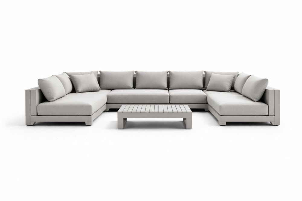 Canapé d'angle modulable extérieur en aluminium et tissu gris avec table basse en polyester