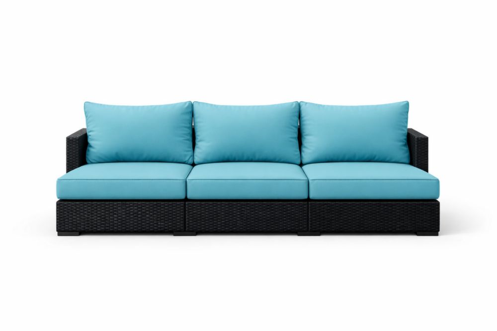 Canapé modulaire extérieur en résine tressée et tissu bleu 3 places