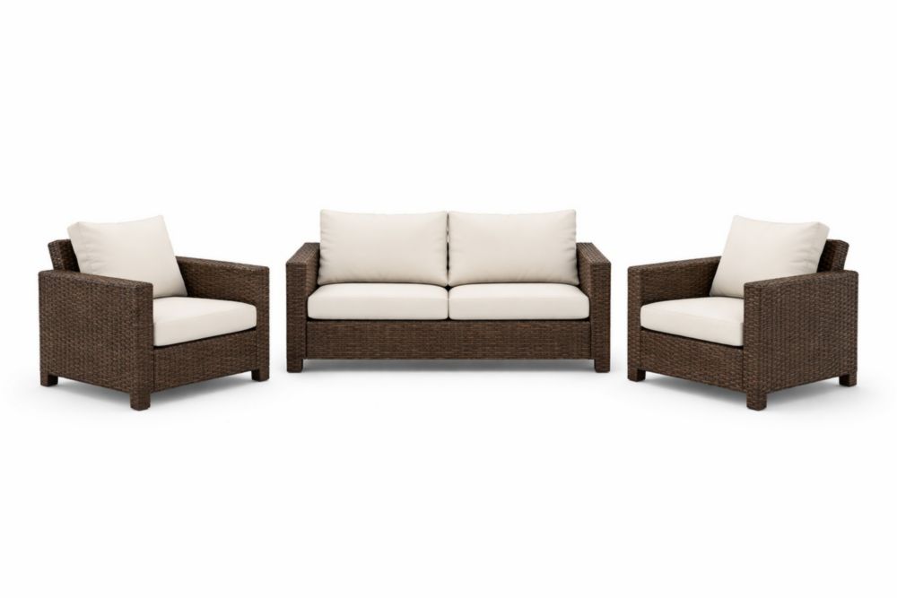 Ensemble de salon extérieur en rotin synthétique marron avec coussins beiges